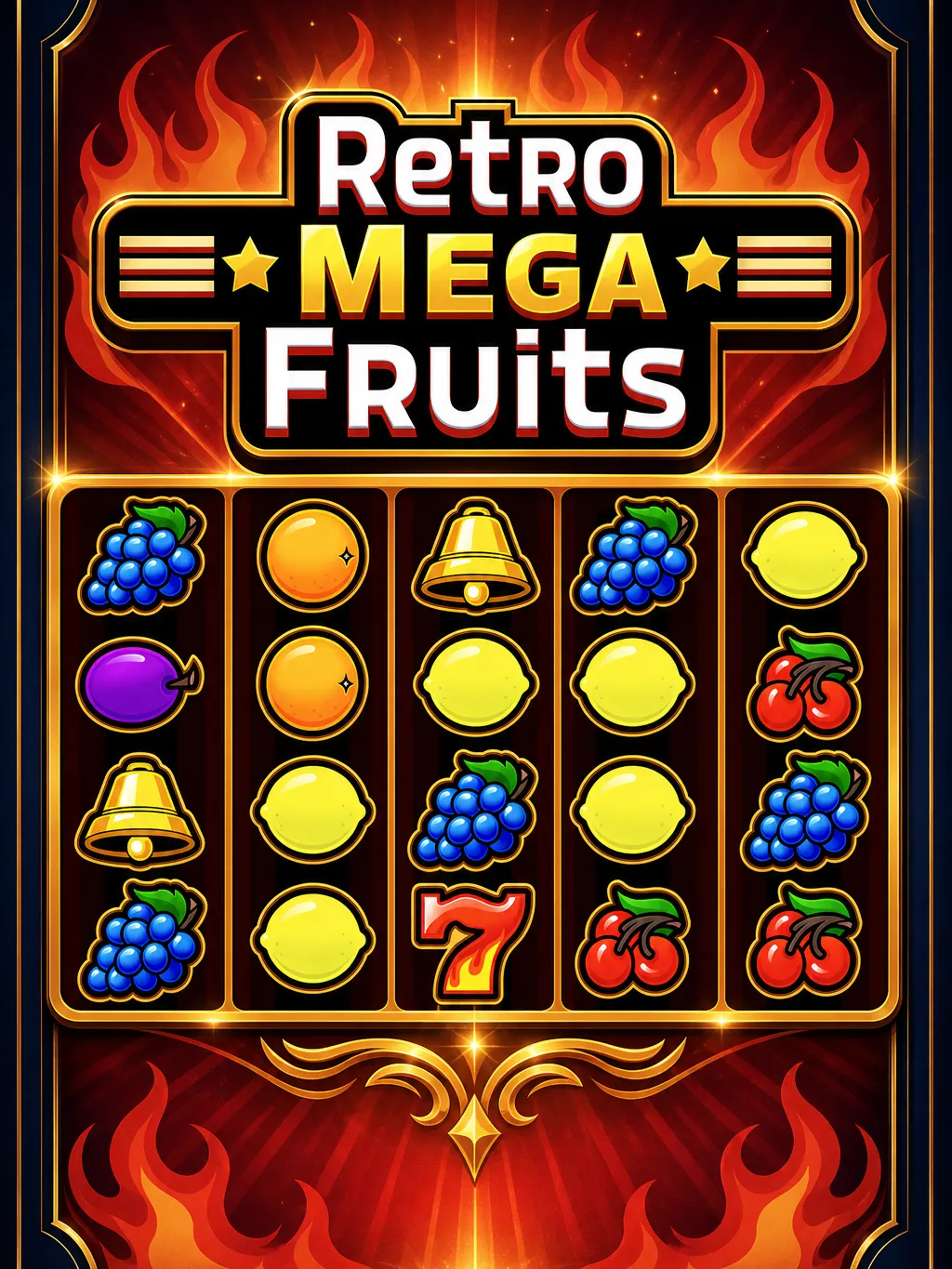 Retro Mega Fruits slot - vintage fruit machine reels with cherries, bells and sevens across a 5x4 grid