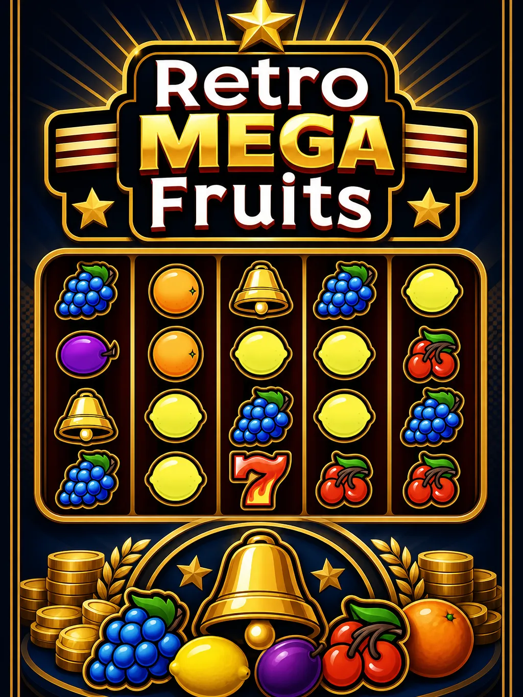 Retro Mega Fruits strategy diagram showing a 1.5x to 2.5x stop-win target